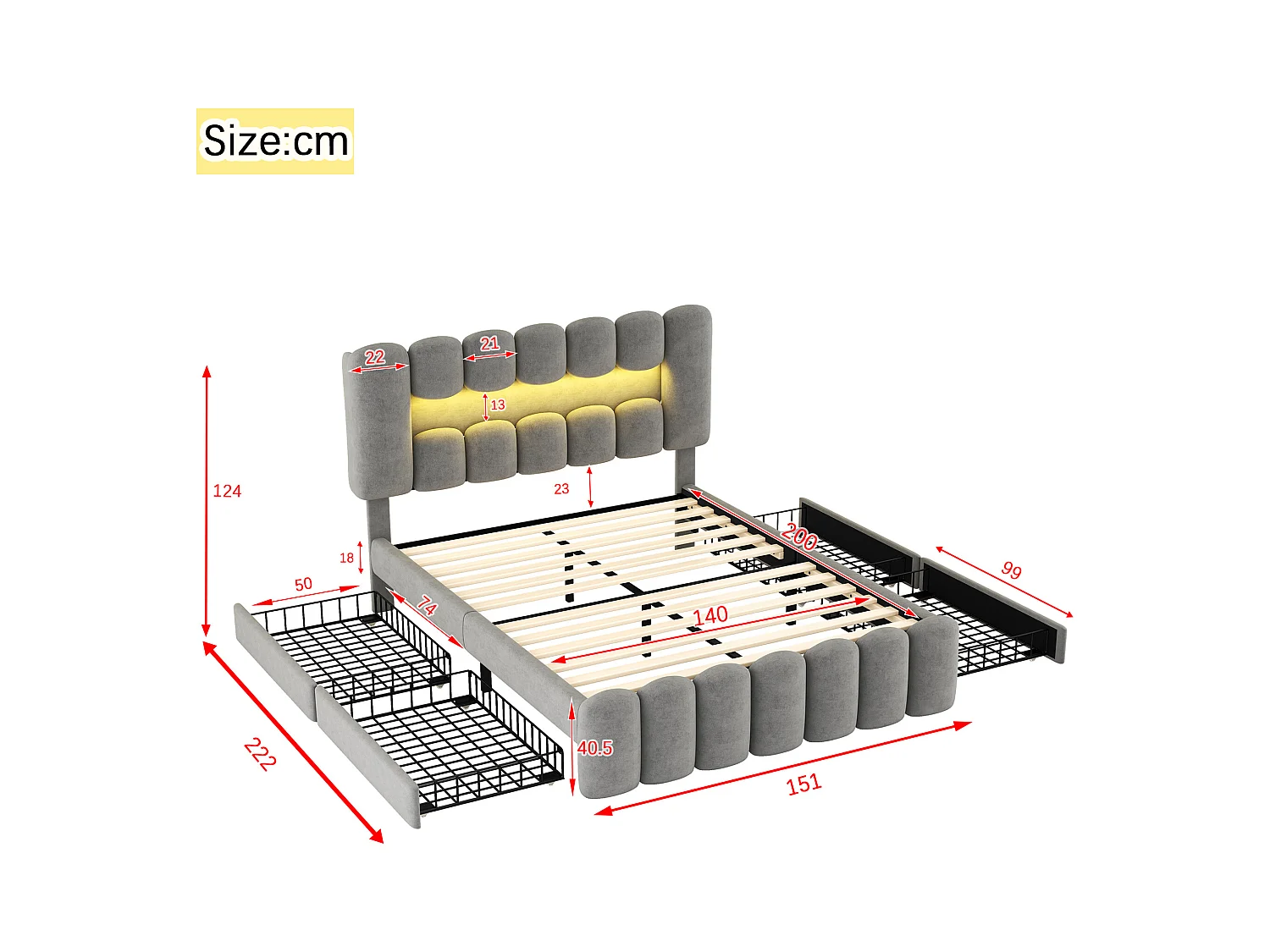 Bed 140 x 200 cm met 4 lades - LED's en USB - Fluweel - Grijs