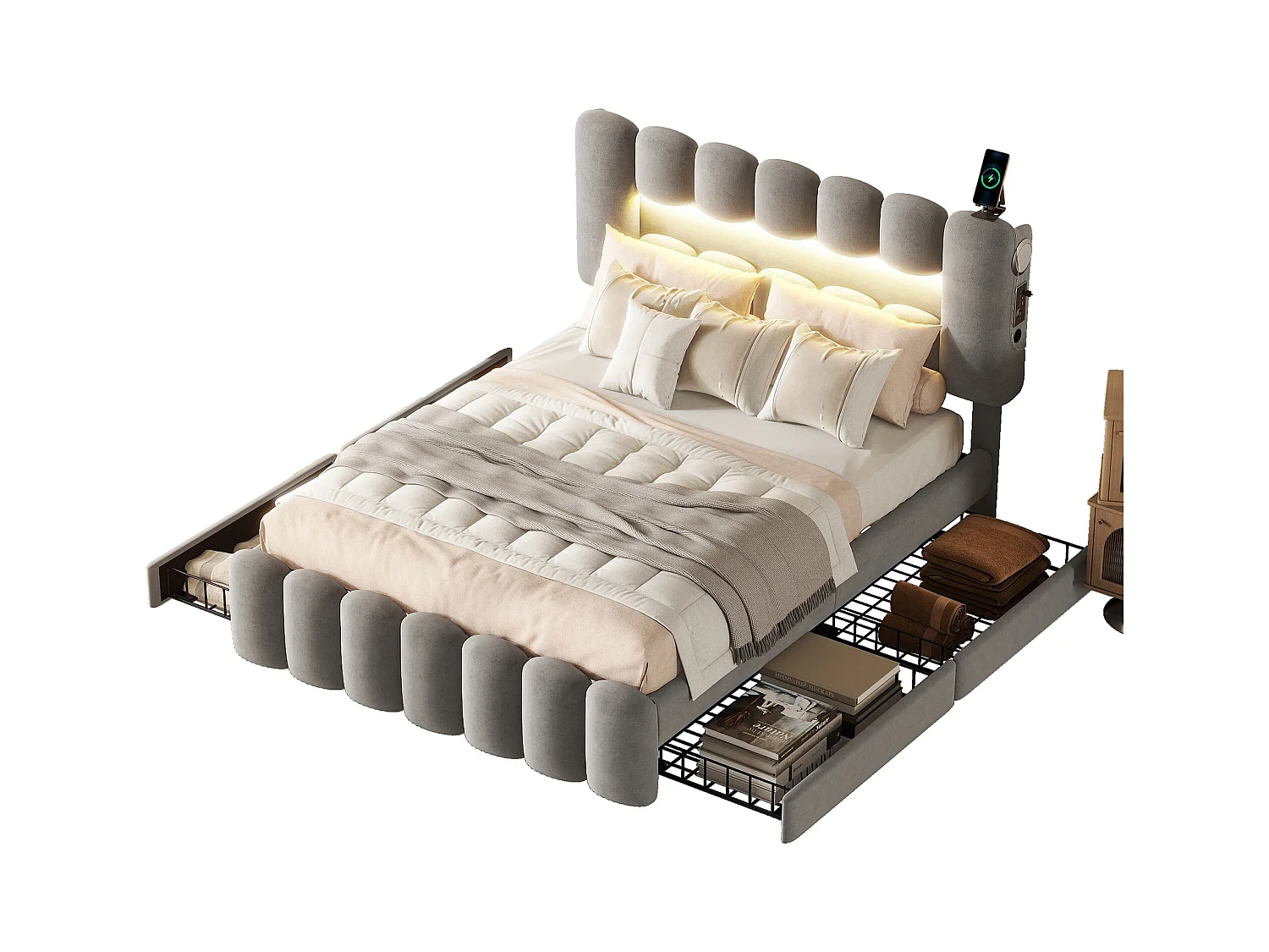 Bed 140 x 200 cm met 4 lades - LED's en USB - Fluweel - Grijs