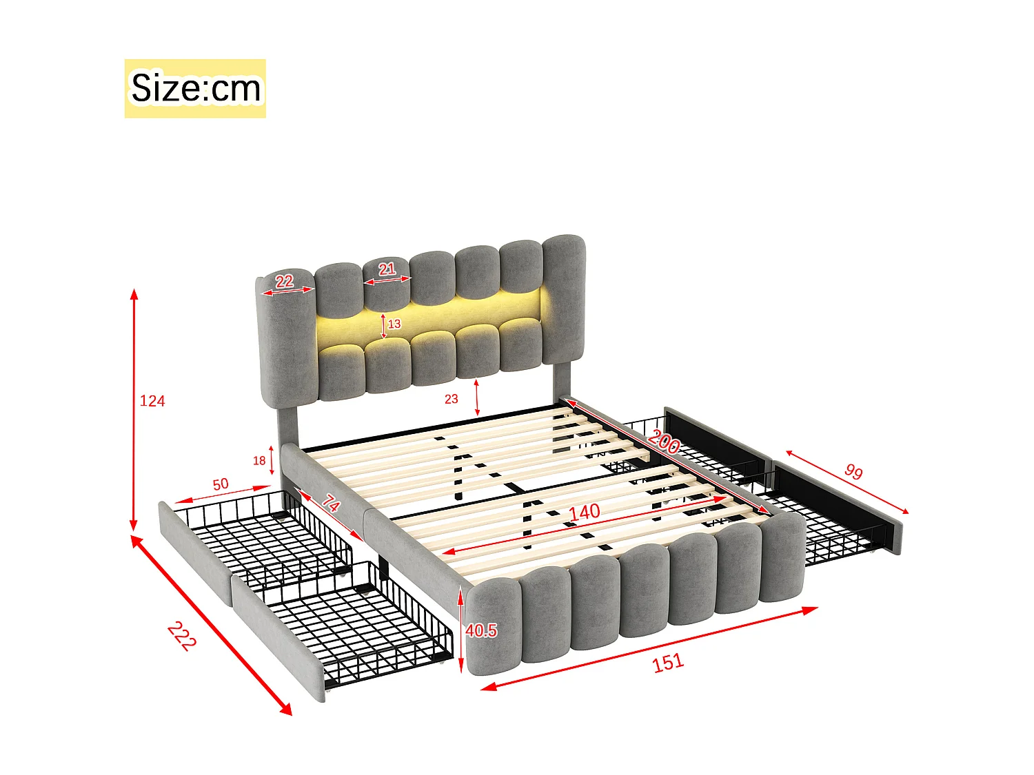 Łóżko 140 x 200 cm z 4 szufladami - LED i USB - Aksamit - Szare