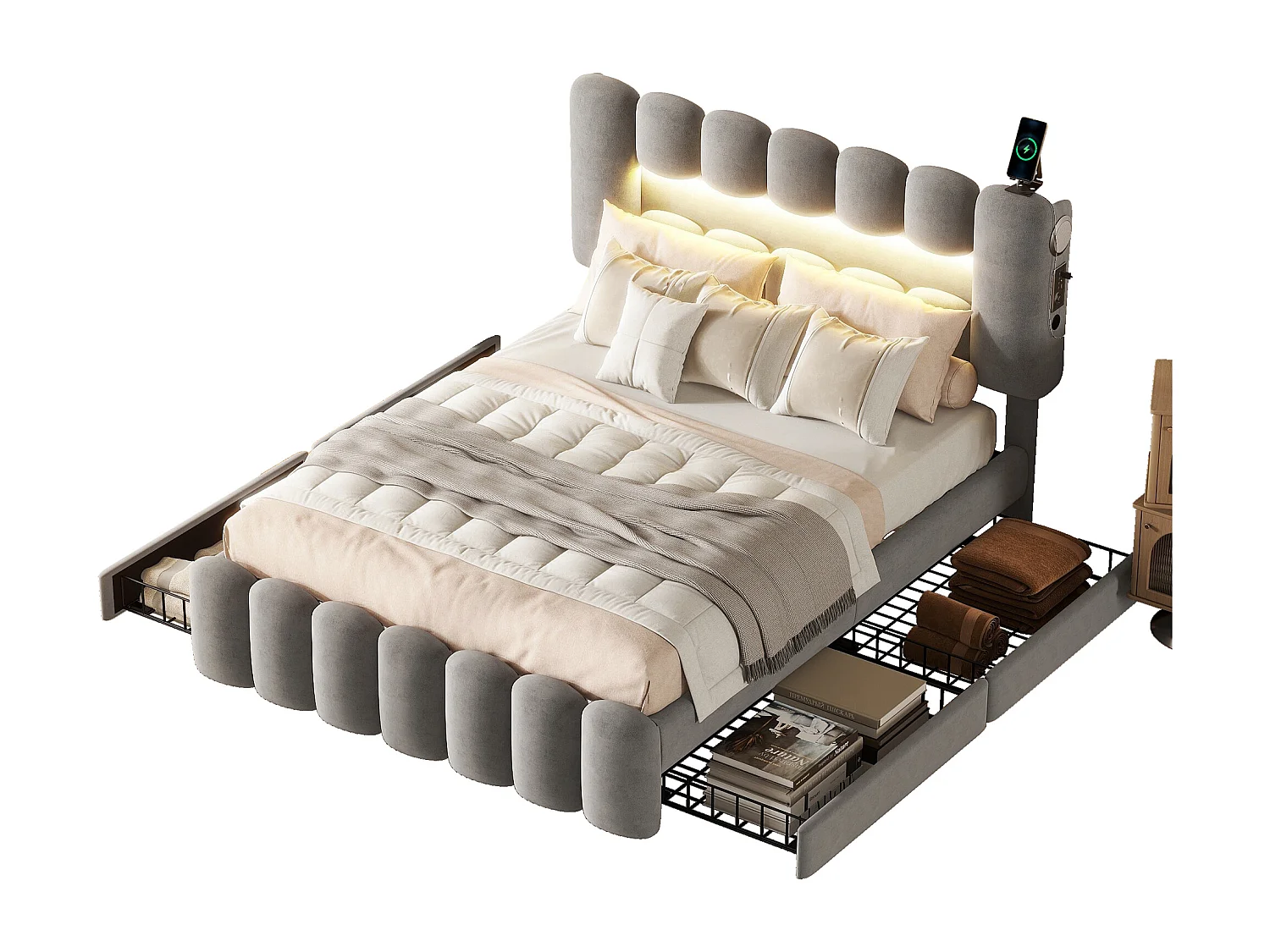 Łóżko 140 x 200 cm z 4 szufladami - LED i USB - Aksamit - Szare