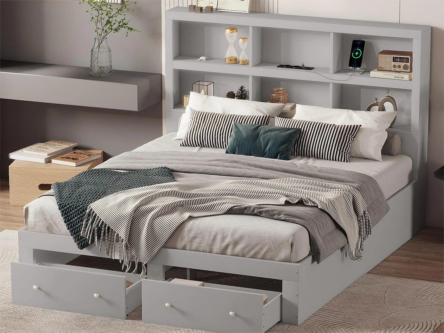 Cama com cabeceira - 160 x 200 cm - 2 gavetas - madeira maciça - cinza