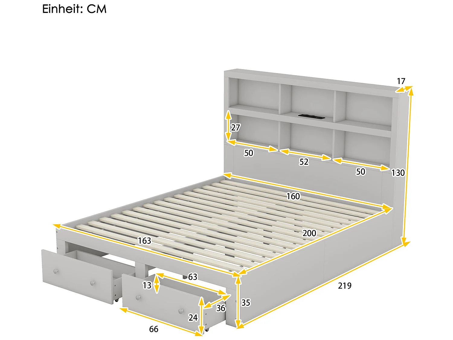 Cama com cabeceira - 160 x 200 cm - 2 gavetas - madeira maciça - cinza