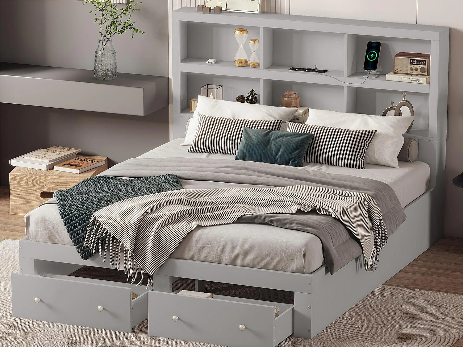 Lit avec rangement de tête de lit - 160 x 200 cm - 2 tiroirs - bois massif - gris