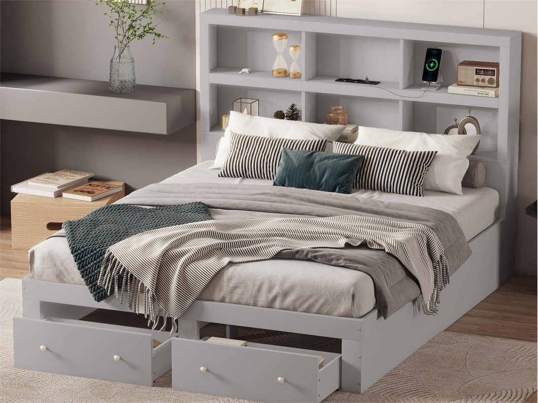 Letto con testiera contenitore - 160 x 200 cm - 2 cassetti - legno massello - grigio