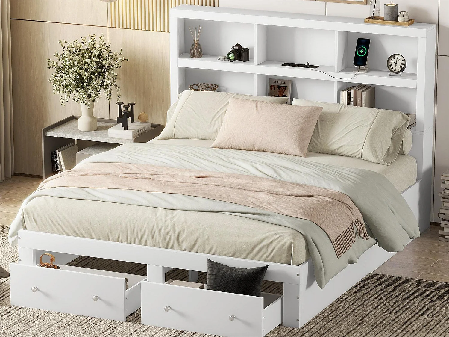 Bed met hoofdeinde en opbergruimte - 160 x 200 cm - 2 lades - massief hout - wit