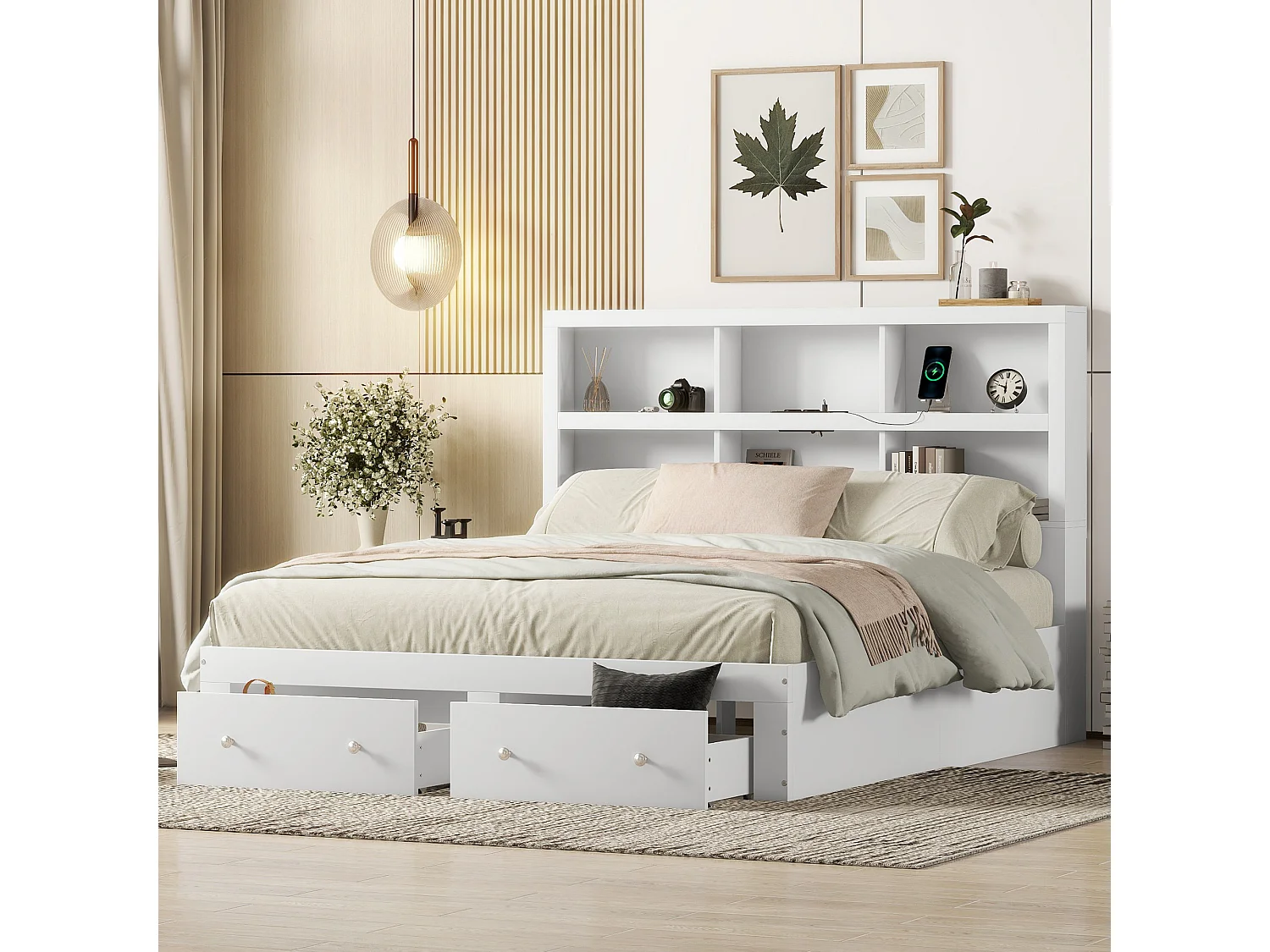 Bed met hoofdeinde en opbergruimte - 160 x 200 cm - 2 lades - massief hout - wit