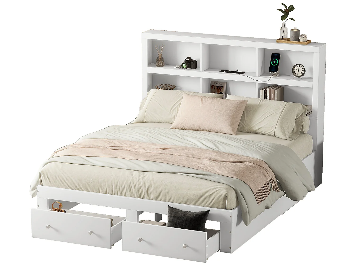 Bed met hoofdeinde en opbergruimte - 160 x 200 cm - 2 lades - massief hout - wit