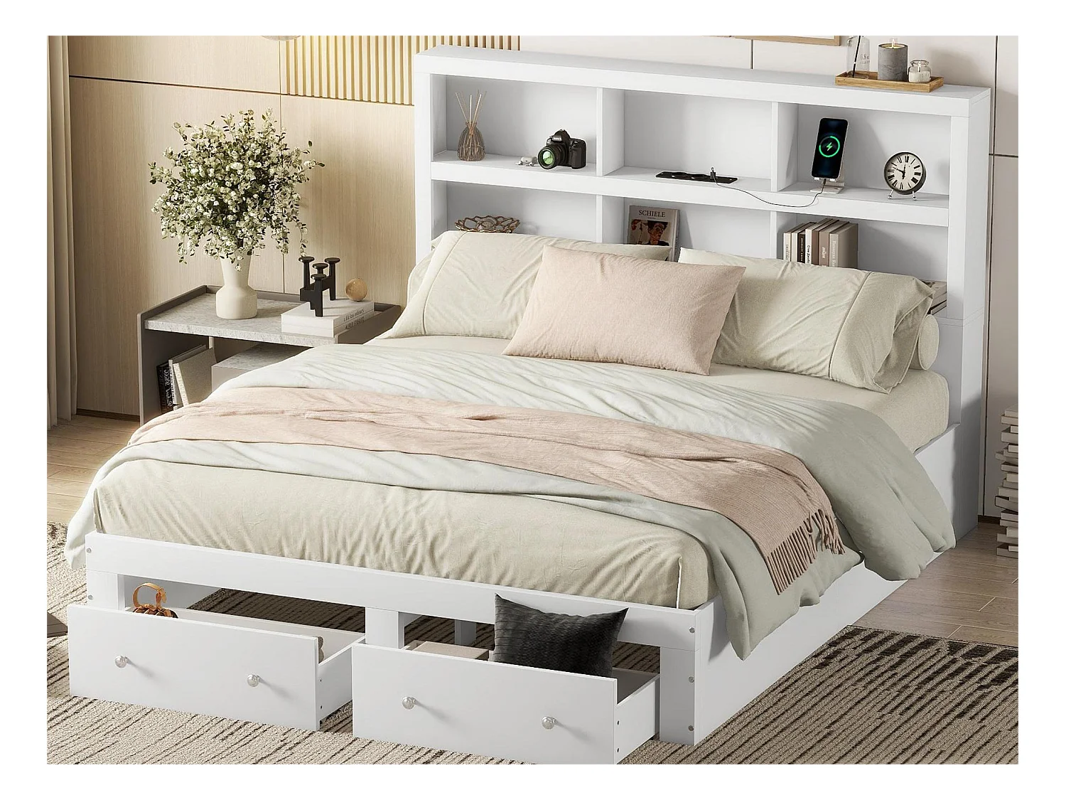 Lit avec rangement de tête de lit - 160 x 200 cm - 2 tiroirs - bois massif - blanc