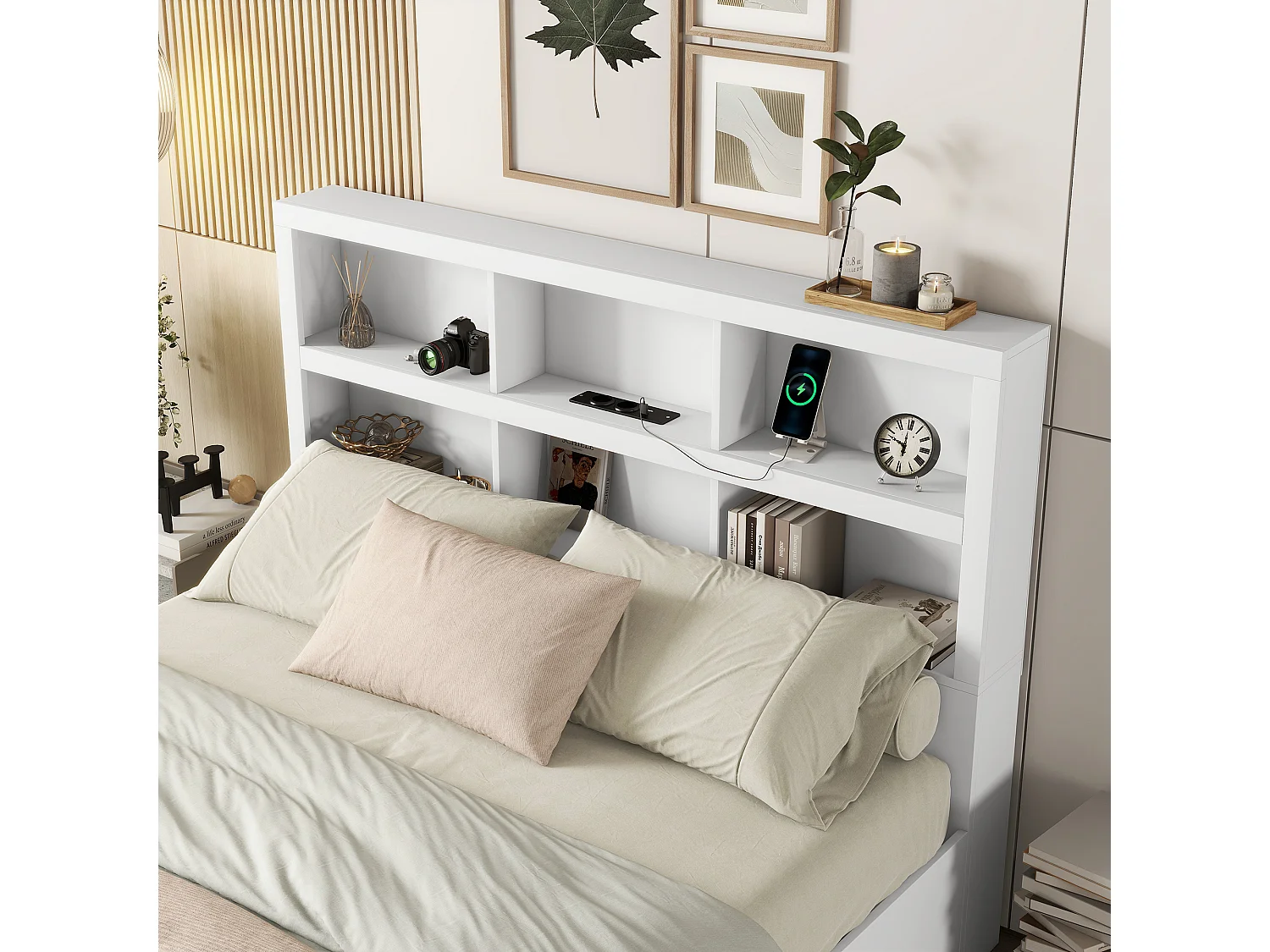 Lit avec rangement de tête de lit - 160 x 200 cm - 2 tiroirs - bois massif - blanc