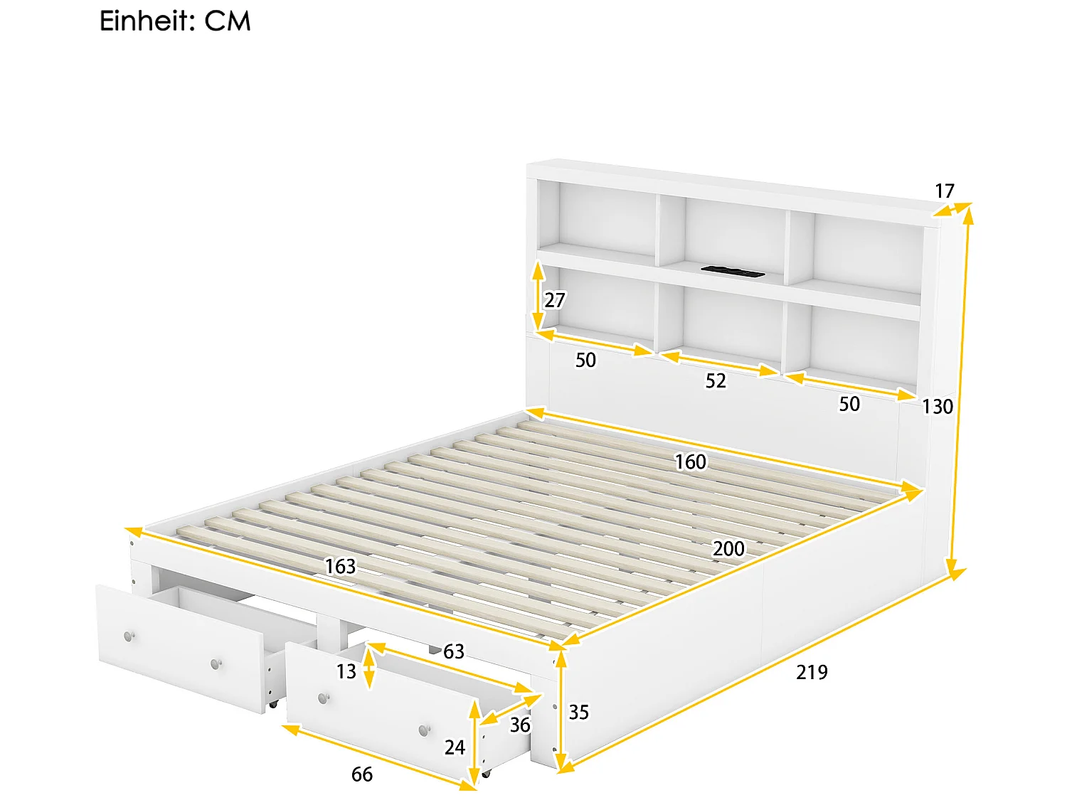 Lit avec rangement de tête de lit - 160 x 200 cm - 2 tiroirs - bois massif - blanc