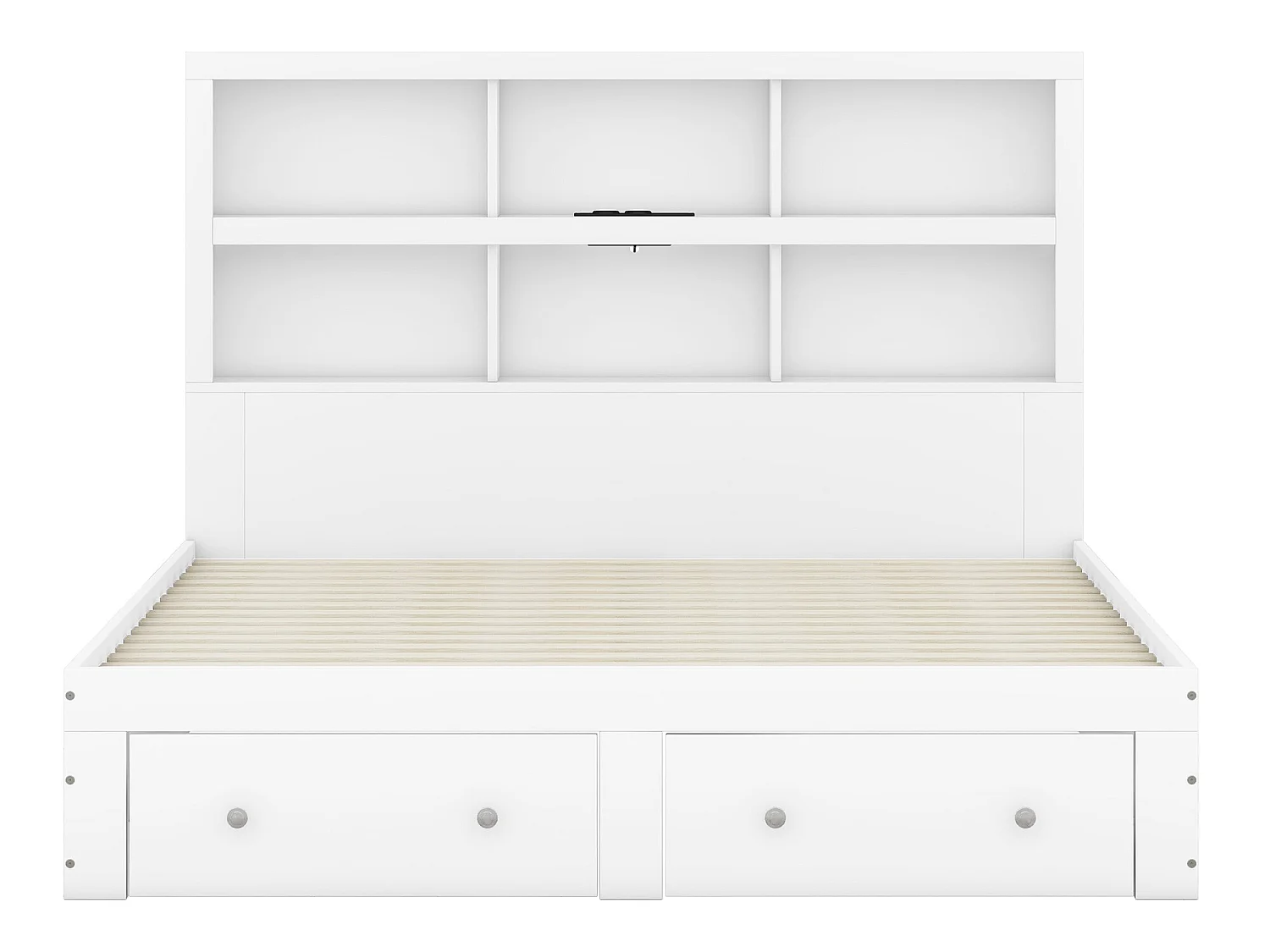 Lit avec rangement de tête de lit - 160 x 200 cm - 2 tiroirs - bois massif - blanc