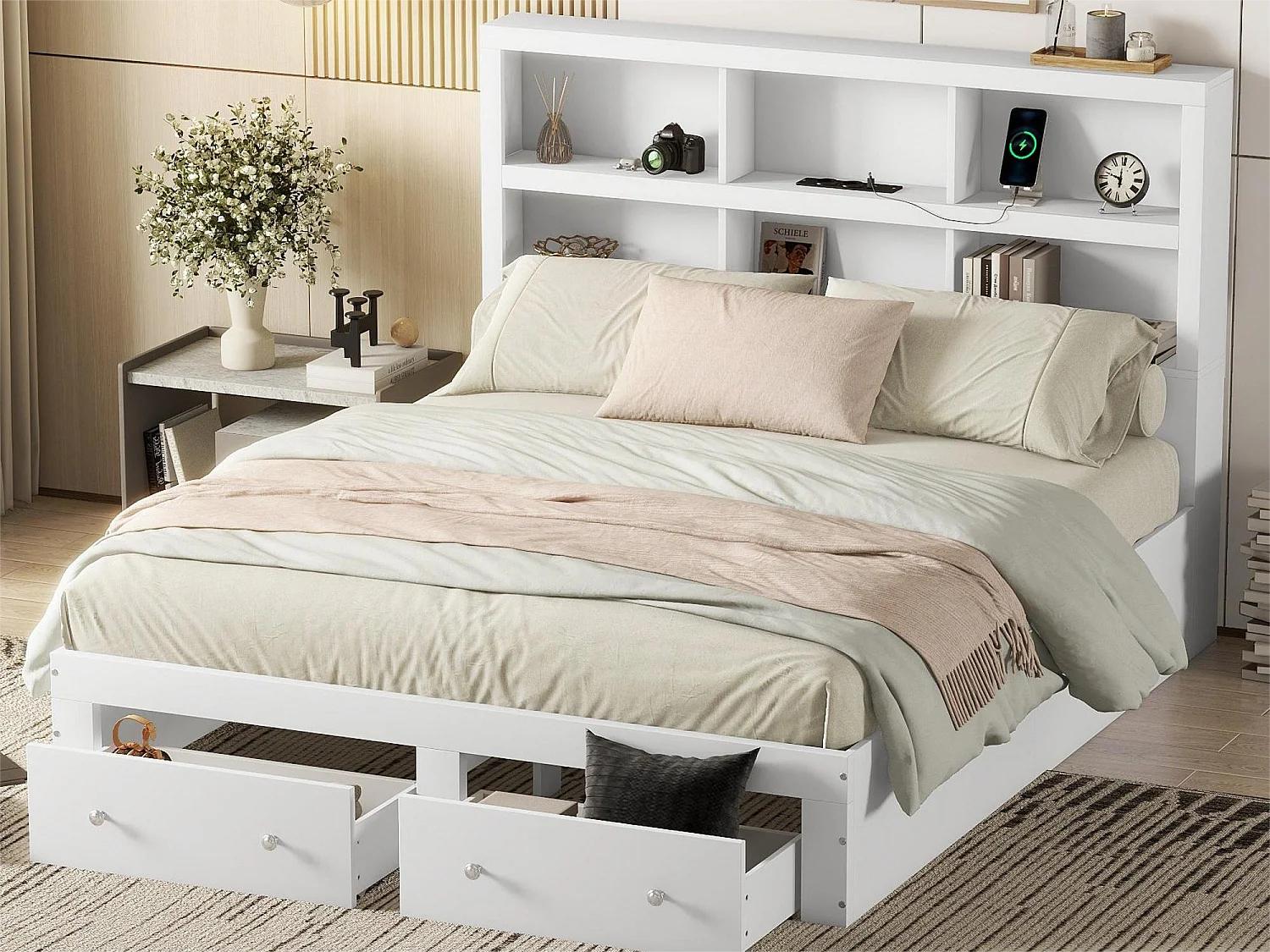 Lit avec rangement de tête de lit - 160 x 200 cm - 2 tiroirs - bois massif - blanc