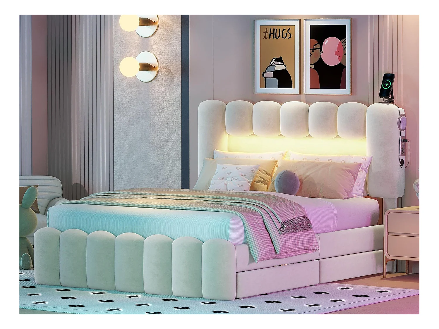 Bed 140 x 200 cm met 4 laden - LED's en USB - Fluweel - Beige