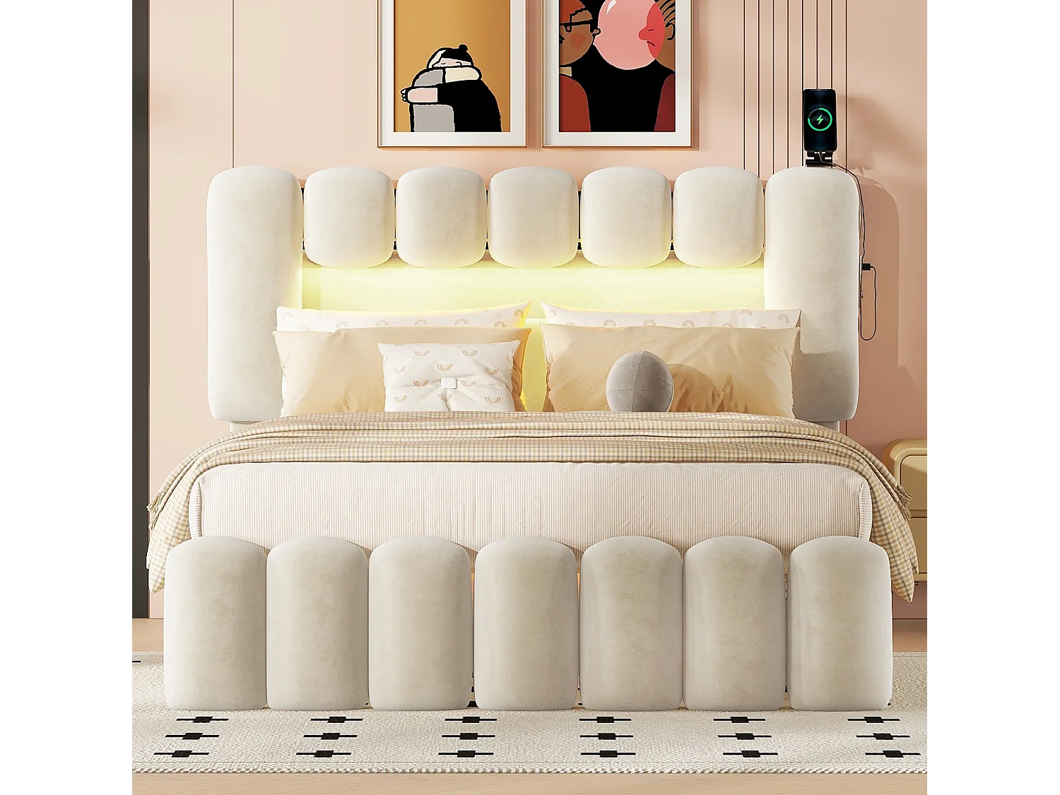 Bed 140 x 200 cm met 4 laden - LED's en USB - Fluweel - Beige