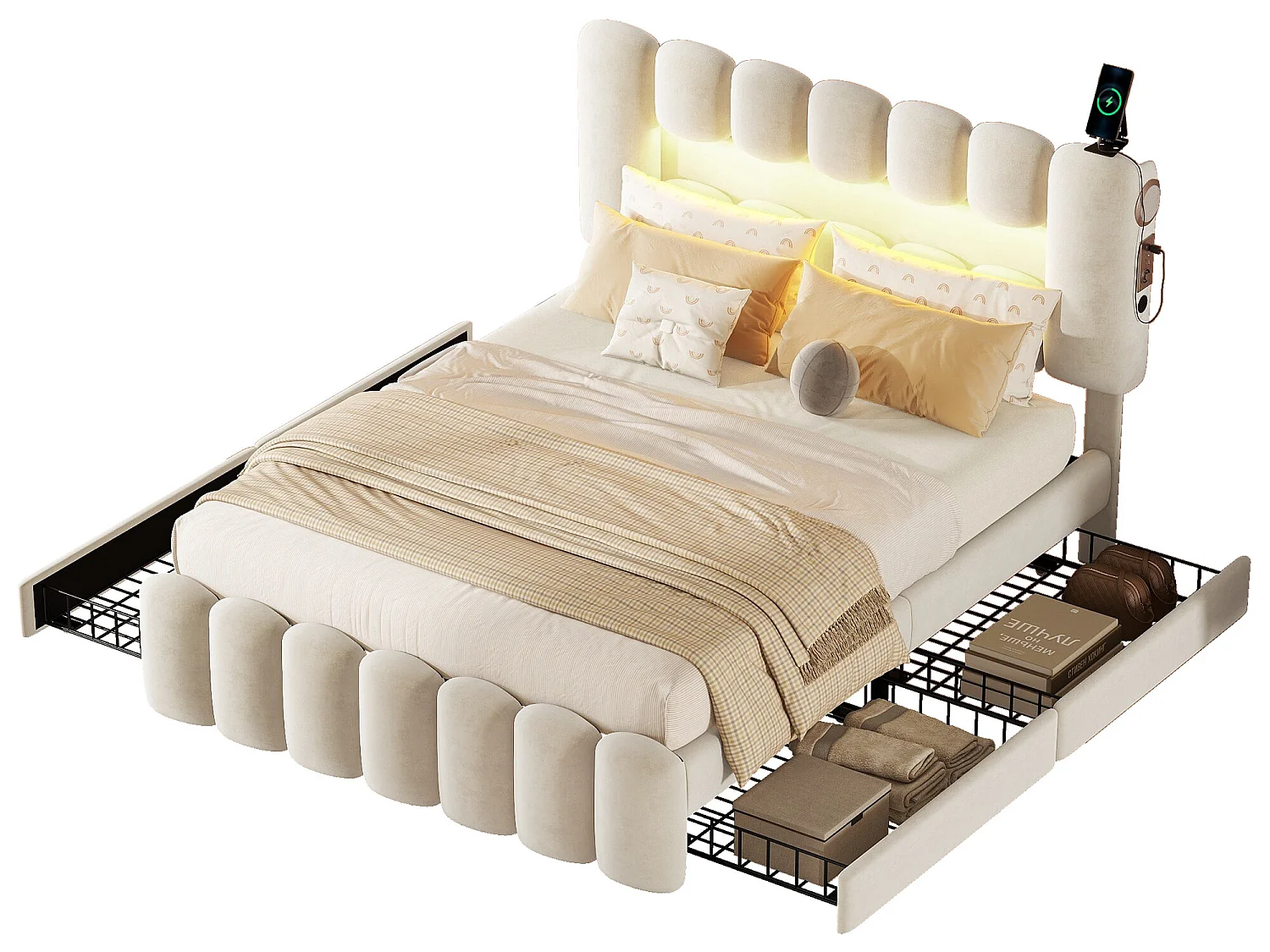 Bed 140 x 200 cm met 4 laden - LED's en USB - Fluweel - Beige