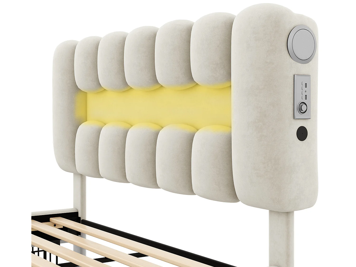 Lit 140 x 200 cm avec 4 tiroirs - LEDs et USB - Velours - Beige