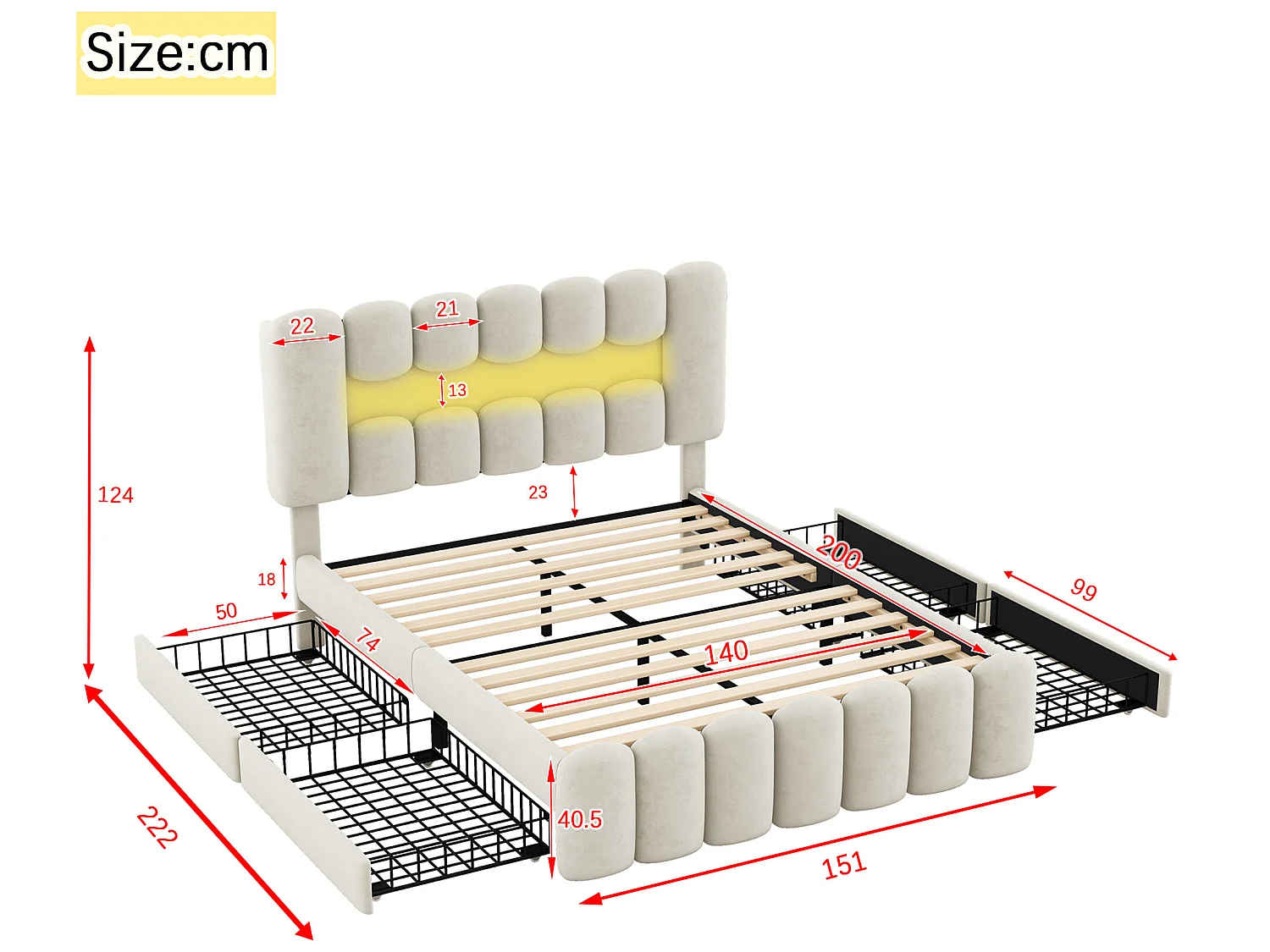 Lit 140 x 200 cm avec 4 tiroirs - LEDs et USB - Velours - Beige