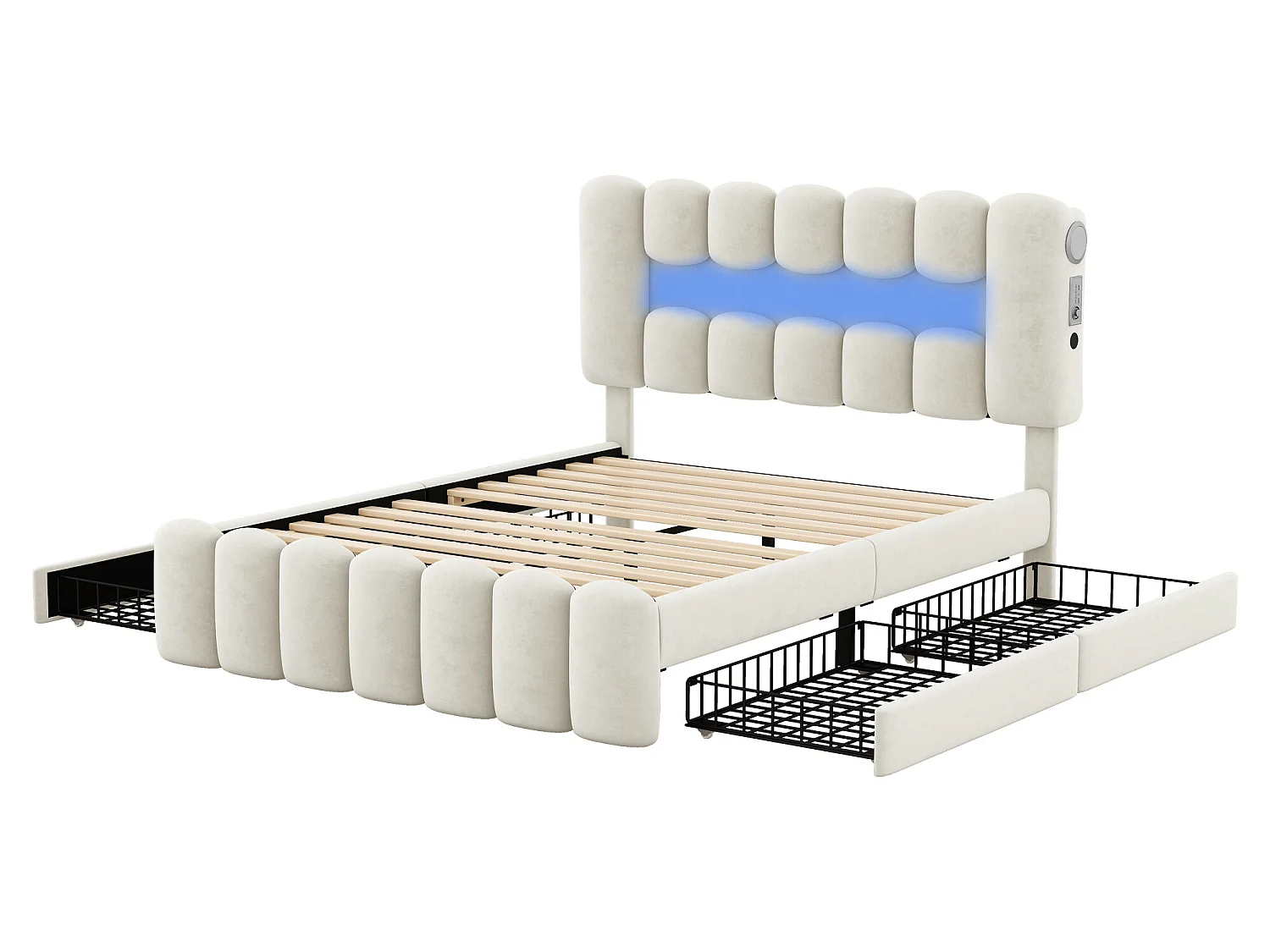 Lit 140 x 200 cm avec 4 tiroirs - LEDs et USB - Velours - Beige