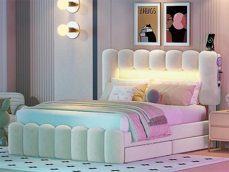 Lit 140 x 200 cm avec 4 tiroirs - LEDs et USB - Velours - Beige