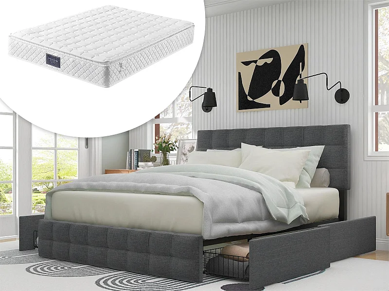 Bett mit Kopfteil und 4 Schubladen – 140 x 200 cm – Leinenstoff – Grau + Matratze