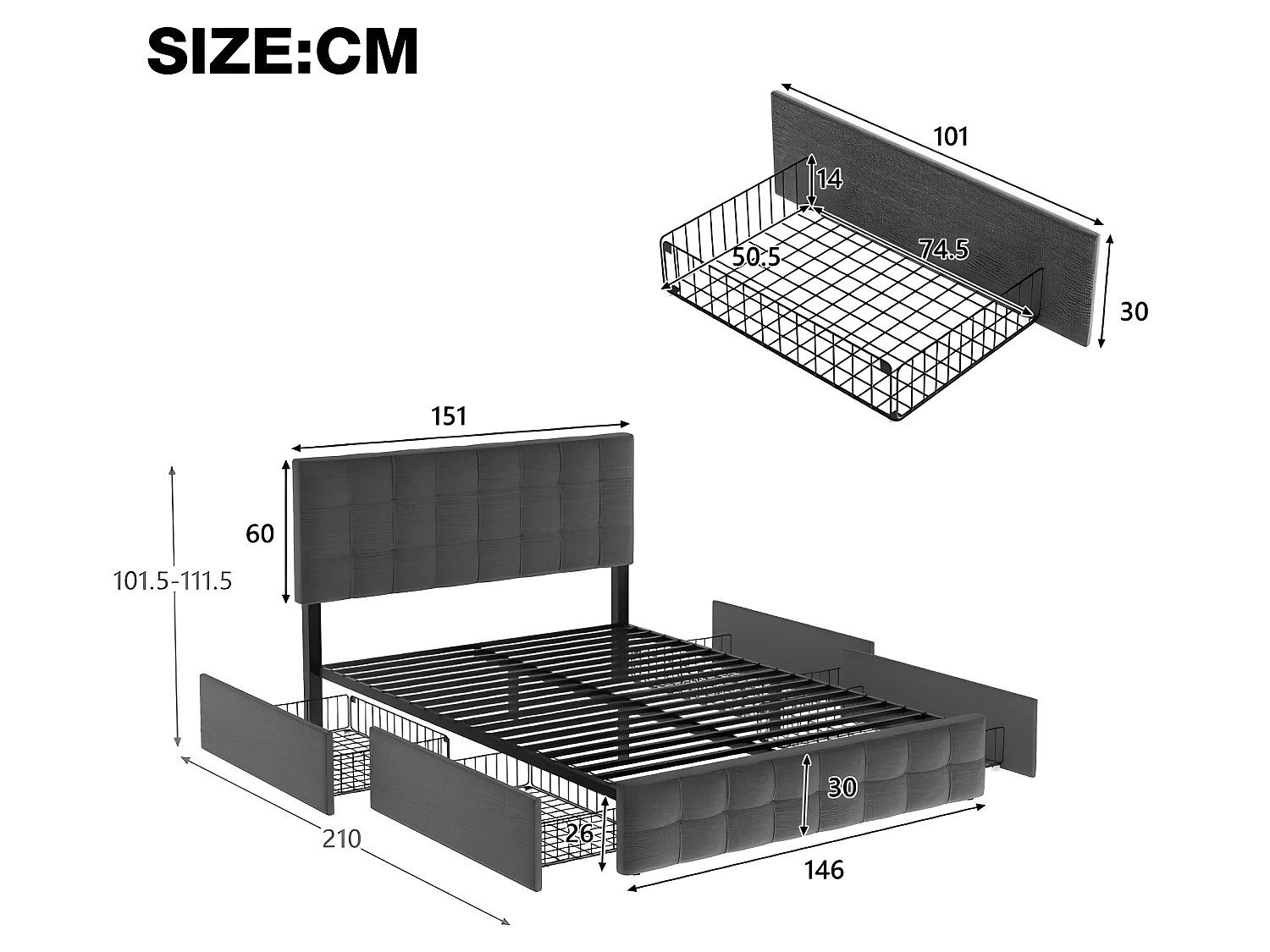 Cama com cabeceira e 4 gavetas - 140 x 200 cm - tecido linho - cinza + colchão