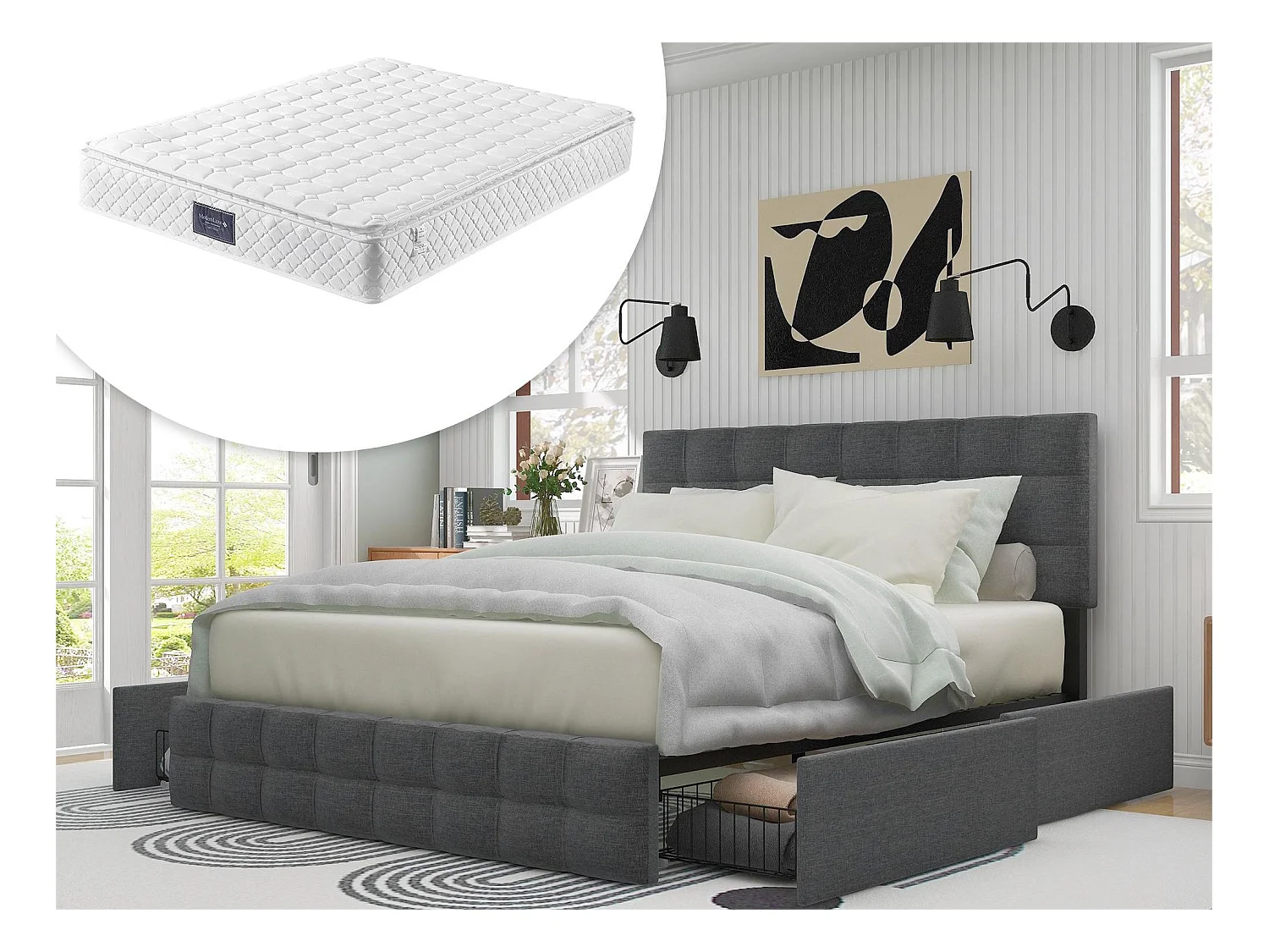 Lit avec tête de lit et 4 tiroirs - 140 x 200 cm - tissu lin - gris + matelas