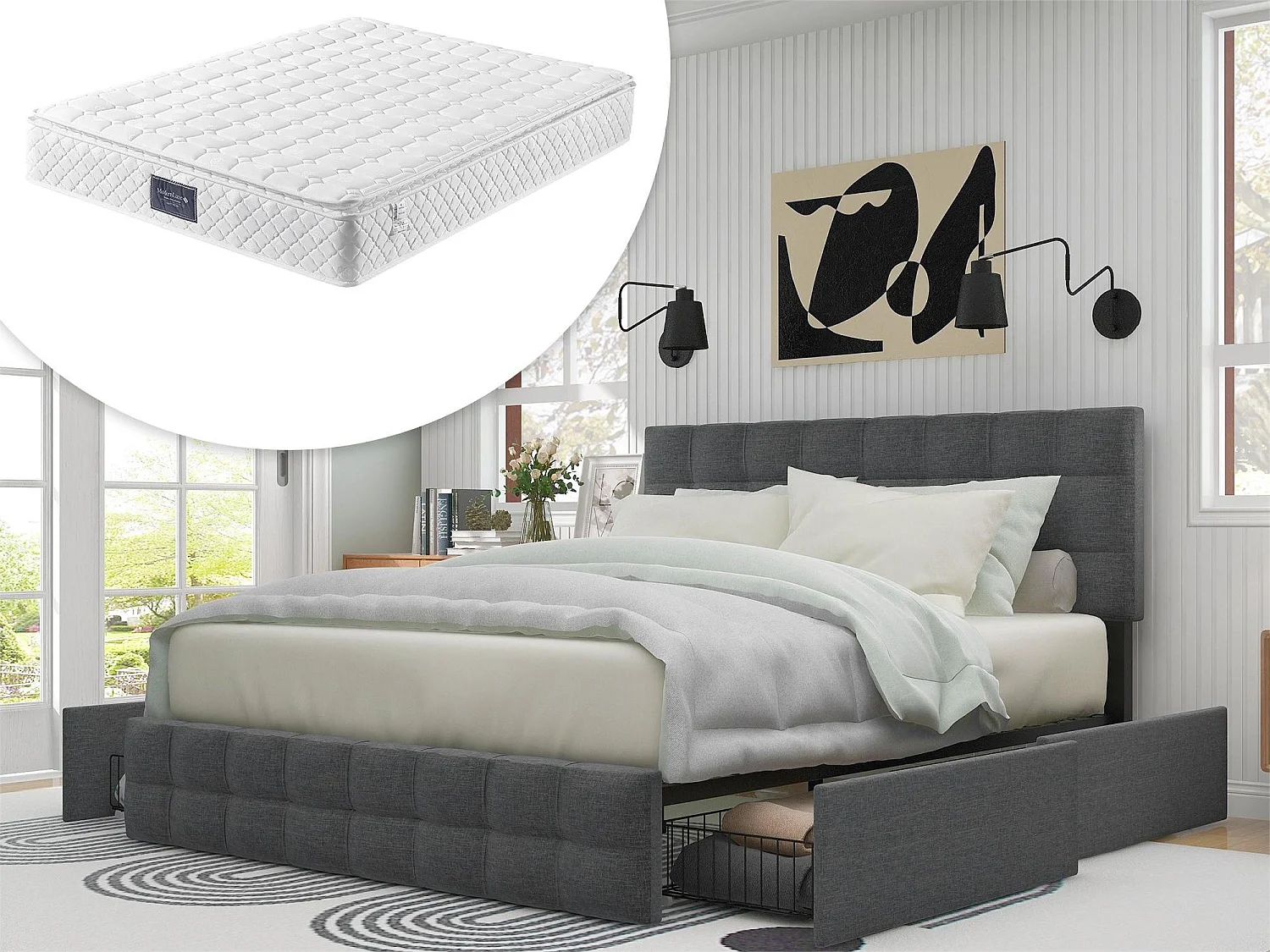 Lit avec tête de lit et 4 tiroirs - 140 x 200 cm - tissu lin - gris + matelas