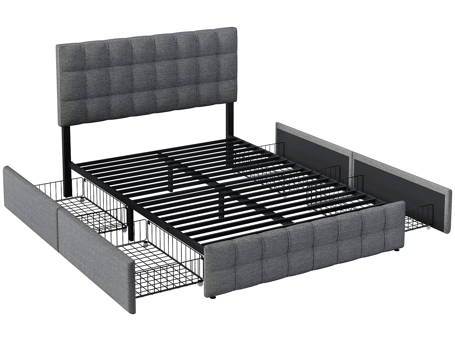 Lit avec tête de lit et 4 tiroirs - 140 x 200 cm - tissu lin - gris + matelas