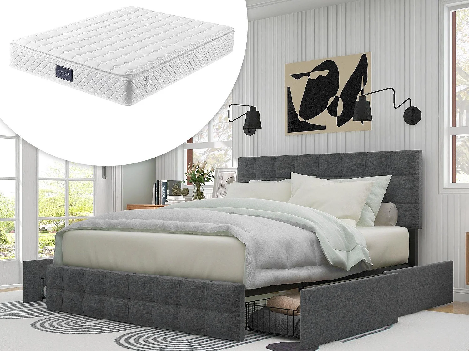 Cama com cabeceira e 4 gavetas - 140 x 200 cm - tecido linho - cinza + colchão