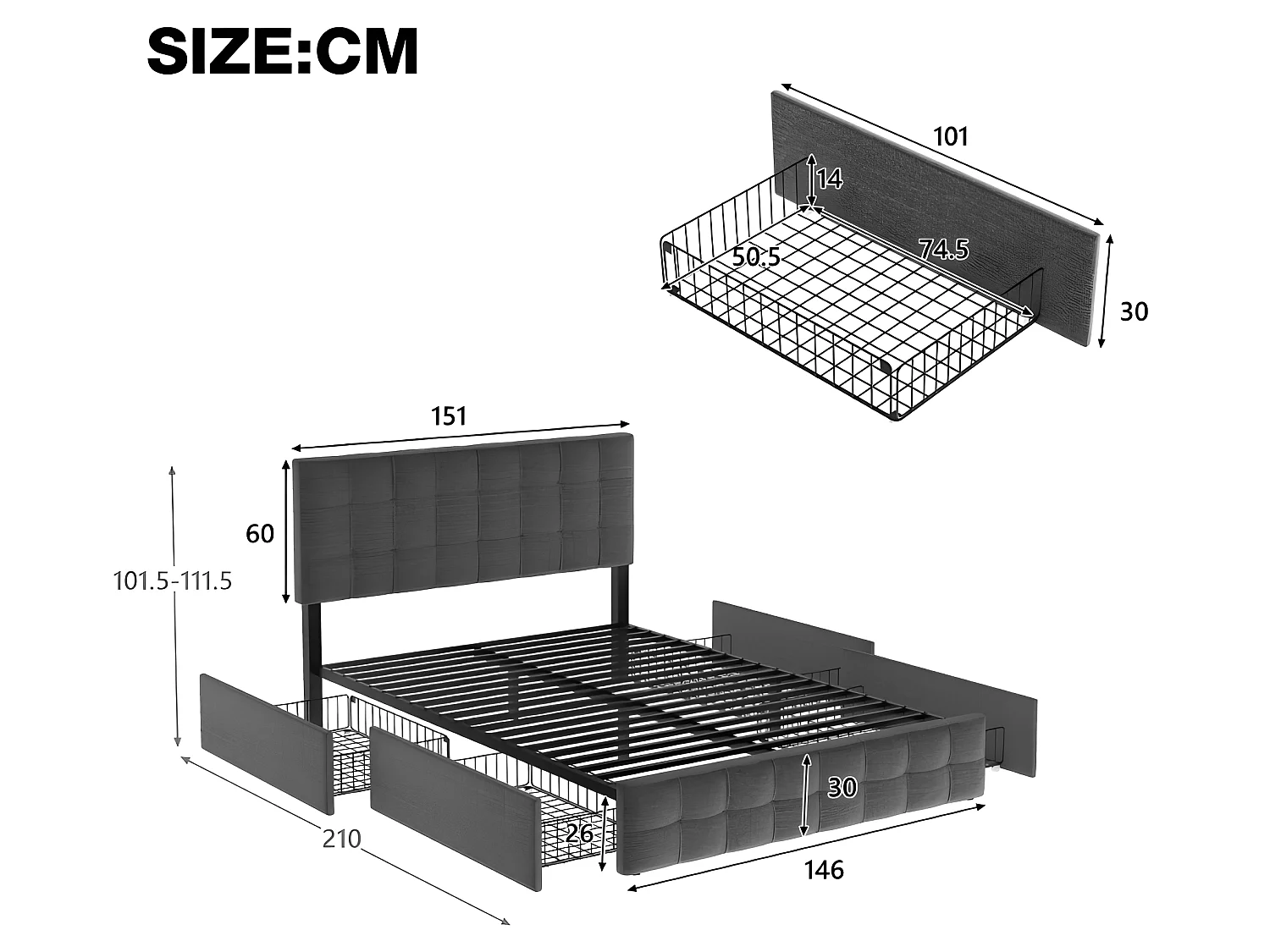 Cama com cabeceira e 4 gavetas - 140 x 200 cm - tecido linho - cinza + colchão