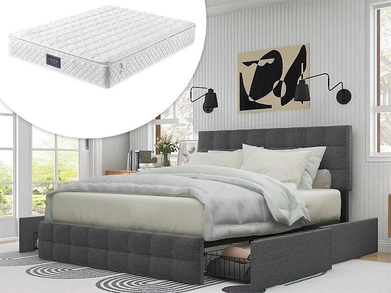 Lit avec tête de lit et 4 tiroirs - 140 x 200 cm - tissu lin - gris + matelas