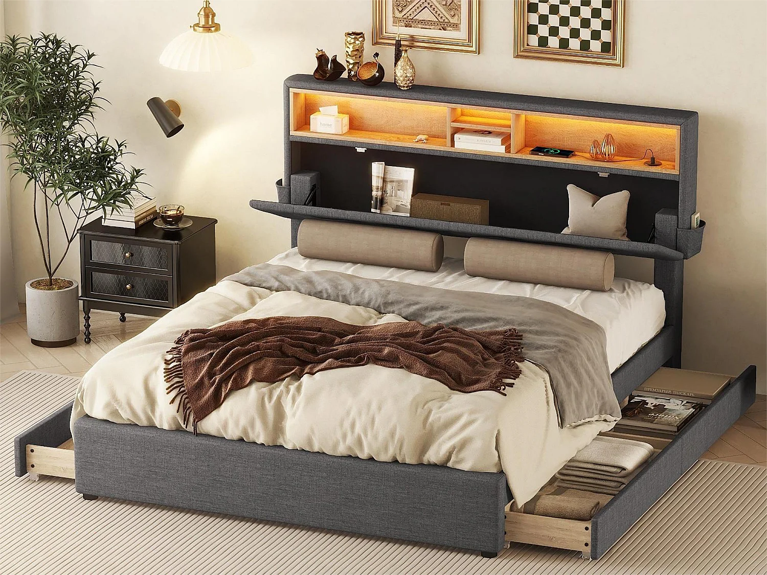 Bed met opbergruimte in het hoofdeinde - 140 x 200 cm - 4 laden - LED's - grijs