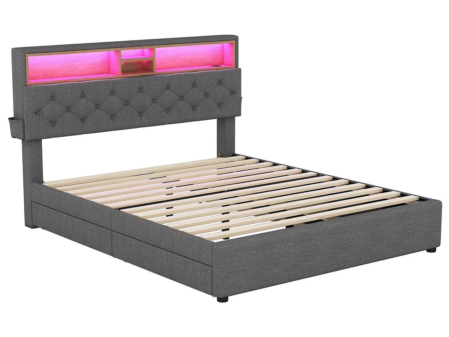 Bed met opbergruimte in het hoofdeinde - 140 x 200 cm - 4 laden - LED's - grijs