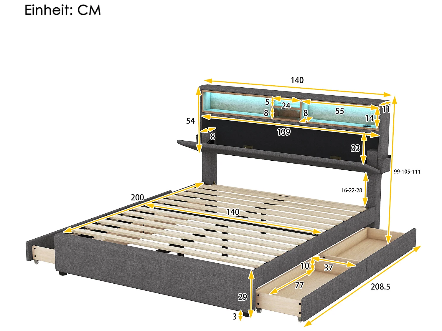 Bed met opbergruimte in het hoofdeinde - 140 x 200 cm - 4 laden - LED's - grijs