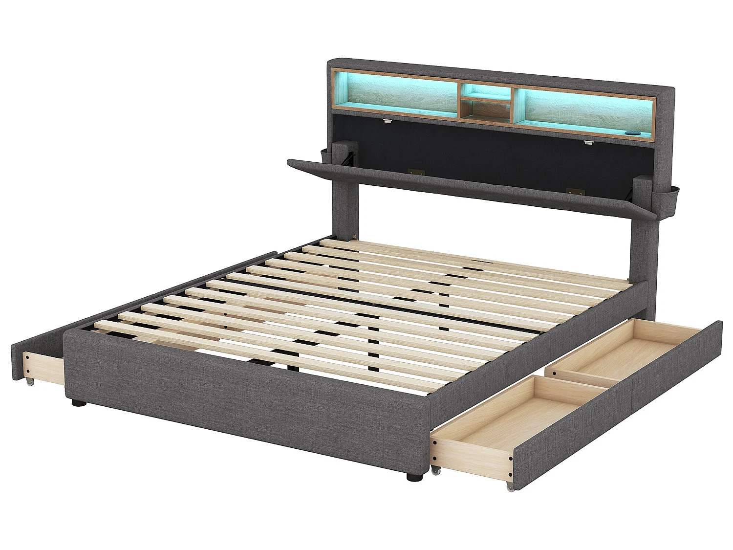 Bed met opbergruimte in het hoofdeinde - 140 x 200 cm - 4 laden - LED's - grijs