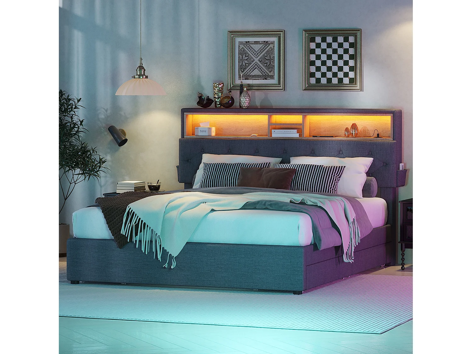 Bed met opbergruimte in het hoofdeinde - 140 x 200 cm - 4 laden - LED's - grijs