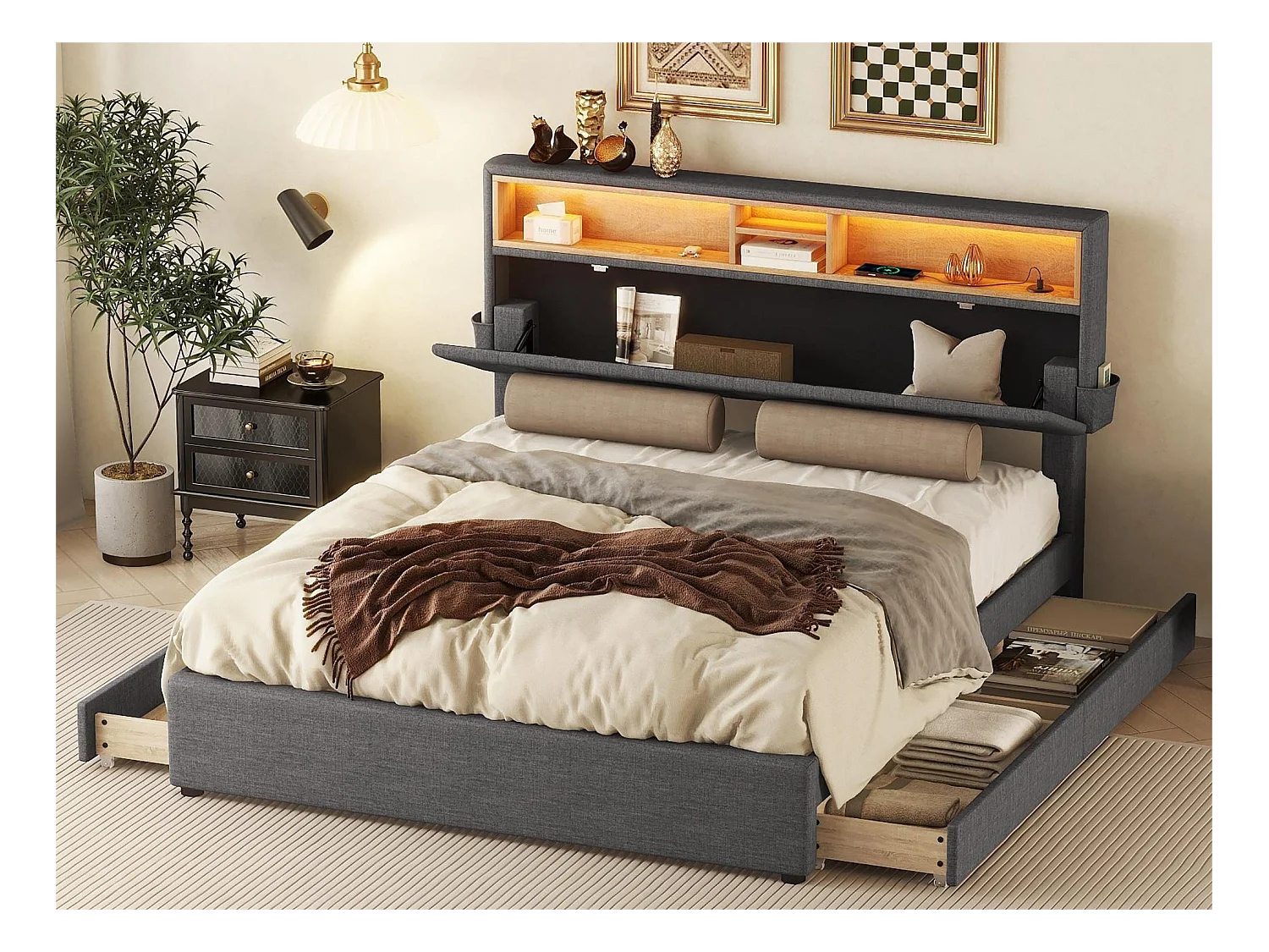 Bed met opbergruimte in het hoofdeinde - 140 x 200 cm - 4 laden - LED's - grijs