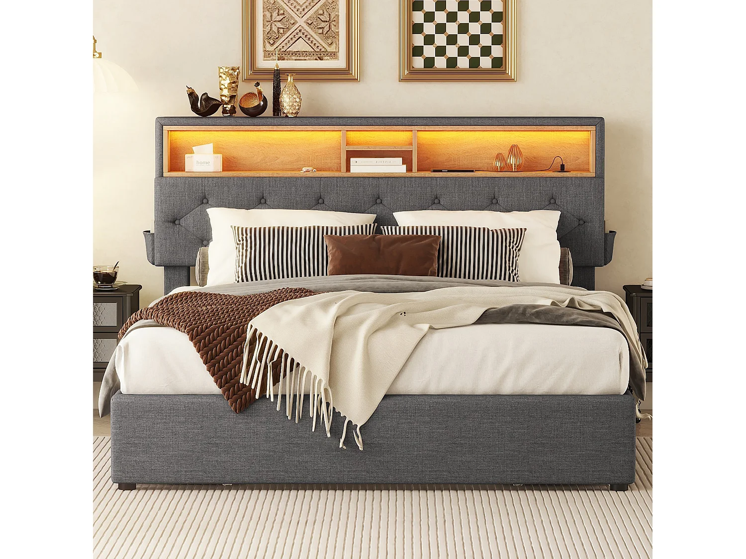 Bed met opbergruimte in het hoofdeinde - 140 x 200 cm - 4 laden - LED's - grijs