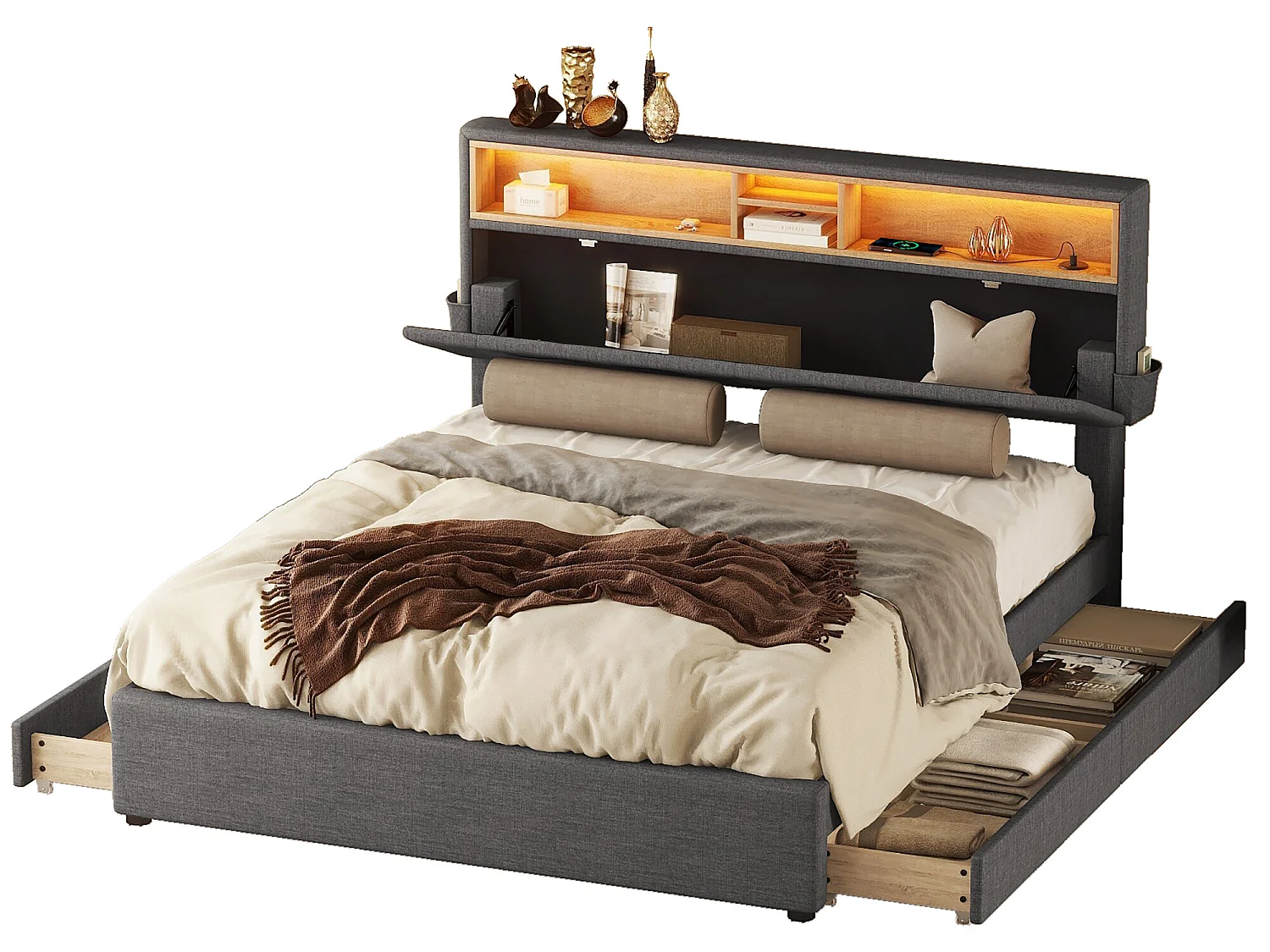 Bed met opbergruimte in het hoofdeinde - 140 x 200 cm - 4 laden - LED's - grijs