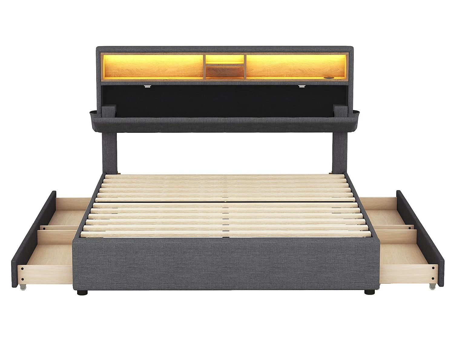 Bed met opbergruimte in het hoofdeinde - 140 x 200 cm - 4 laden - LED's - grijs