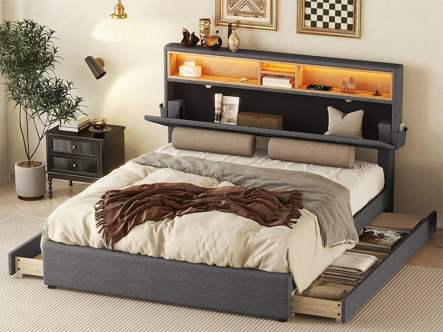 Bed met opbergruimte in het hoofdeinde - 140 x 200 cm - 4 laden - LED's - grijs