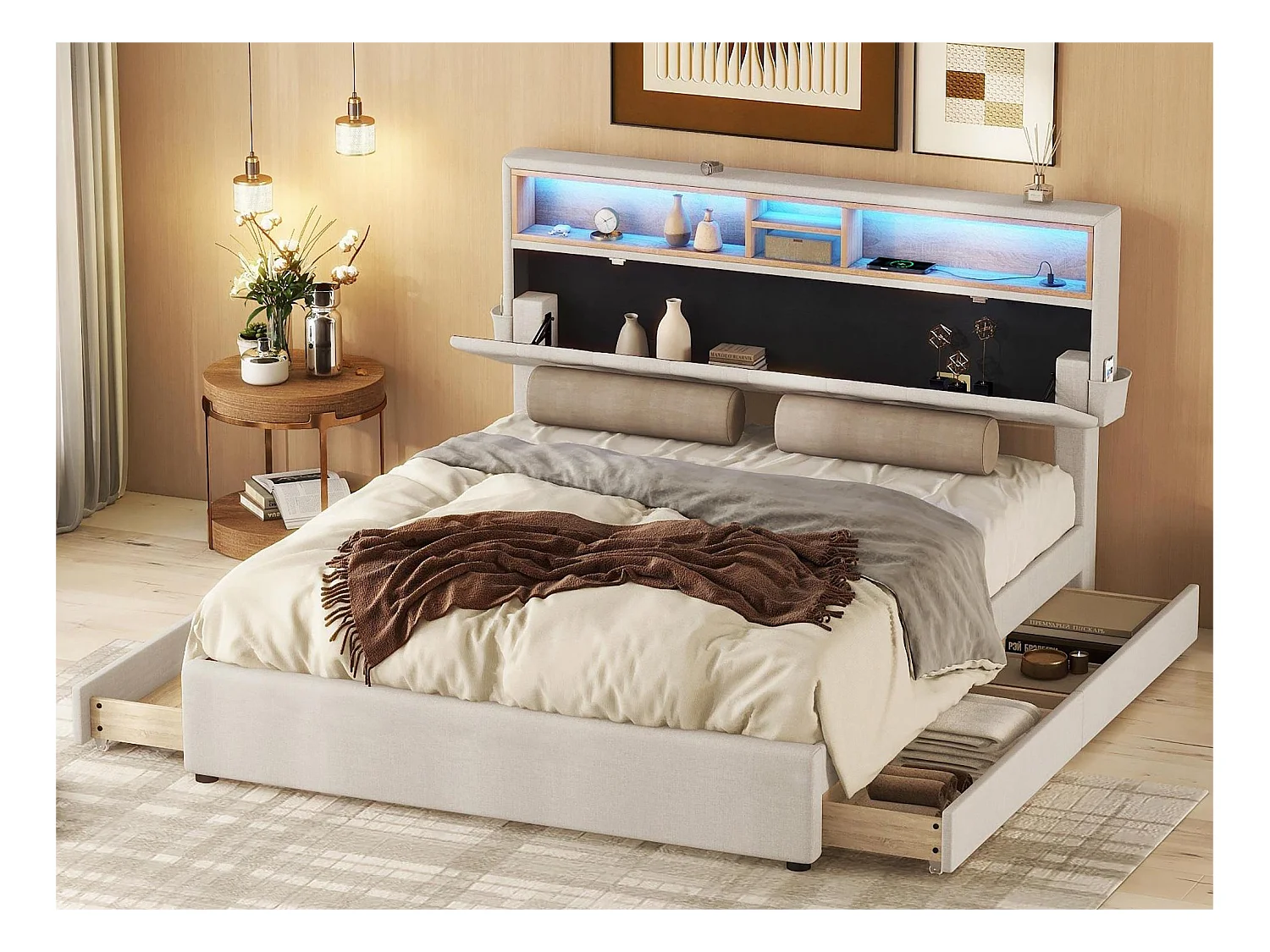 Bed met opbergruimte in het hoofdeinde - 140 x 200 cm - 4 laden - LED's - beige