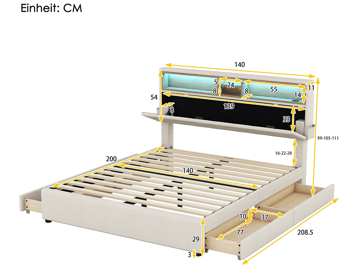 Lit avec rangement de tête de lit - 140 x 200 cm - 4 tiroirs - LEDs - beige