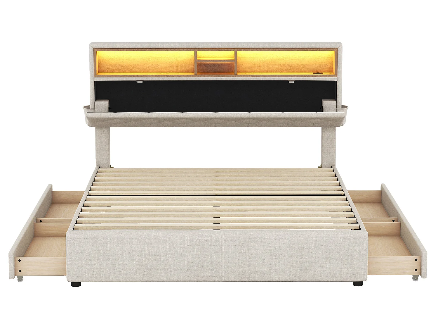 Lit avec rangement de tête de lit - 140 x 200 cm - 4 tiroirs - LEDs - beige