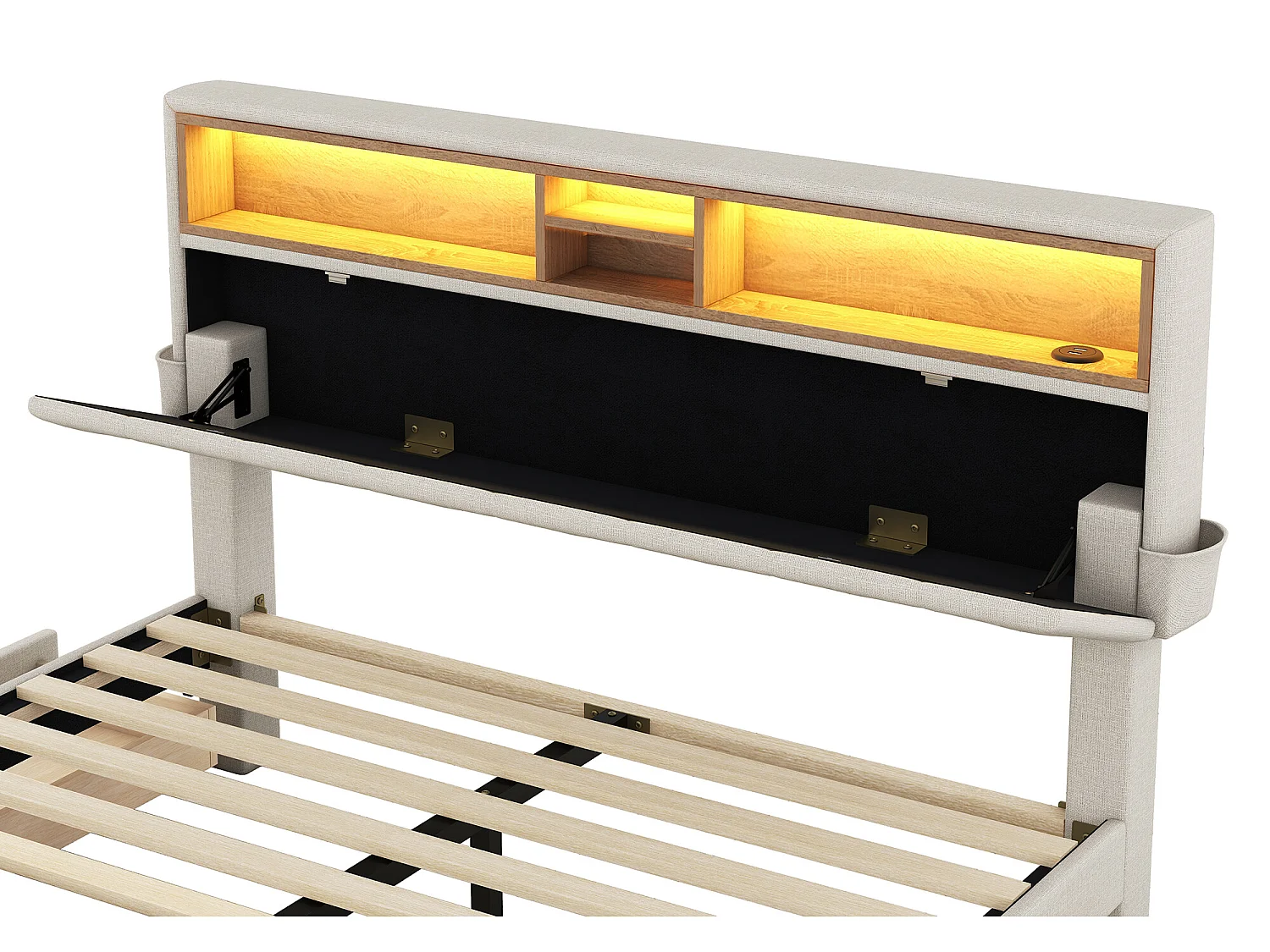 Lit avec rangement de tête de lit - 140 x 200 cm - 4 tiroirs - LEDs - beige