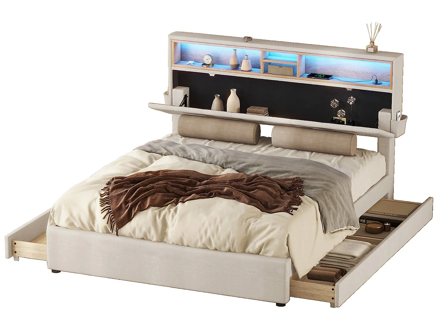 Lit avec rangement de tête de lit - 140 x 200 cm - 4 tiroirs - LEDs - beige