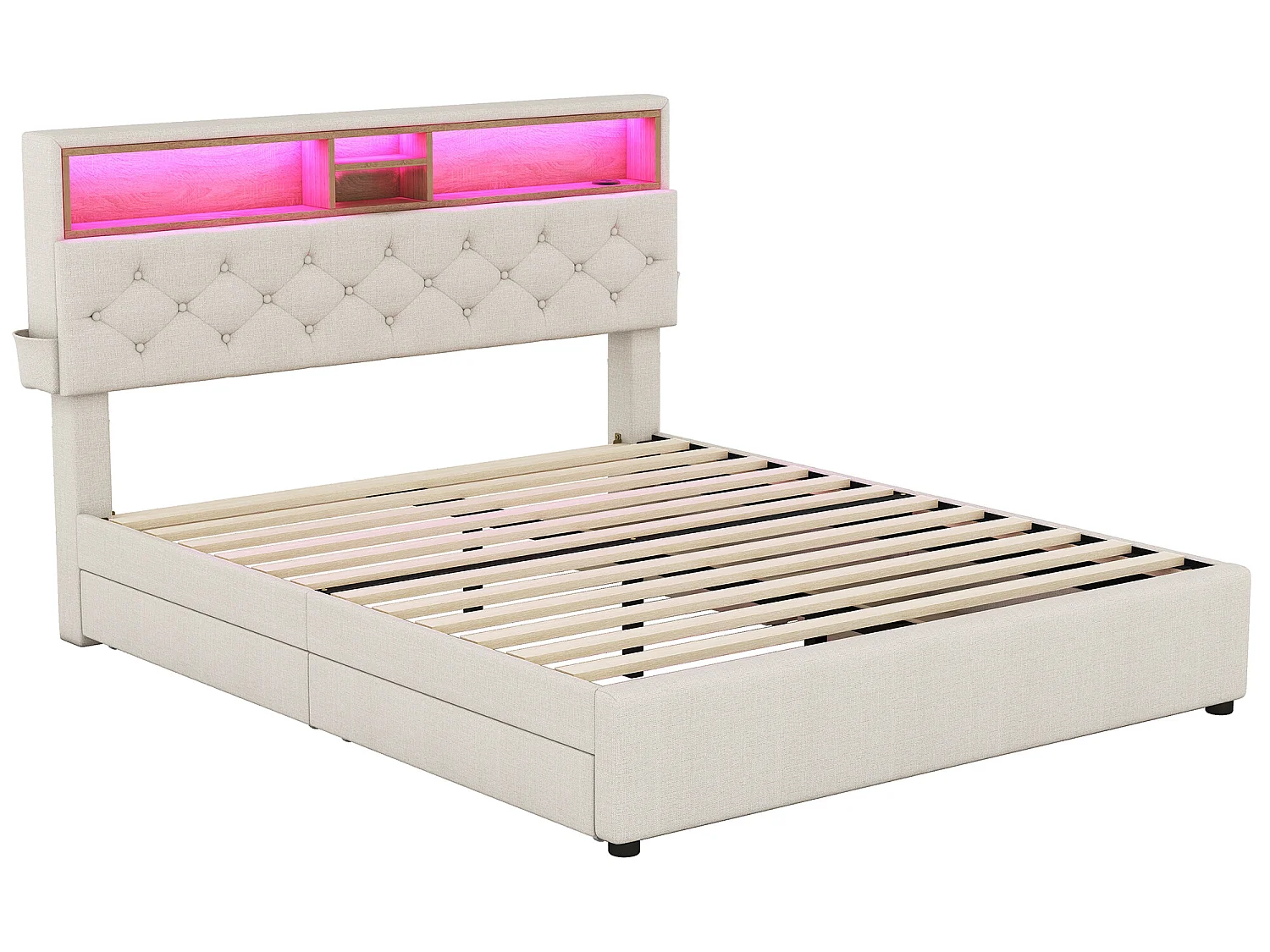 Lit avec rangement de tête de lit - 140 x 200 cm - 4 tiroirs - LEDs - beige