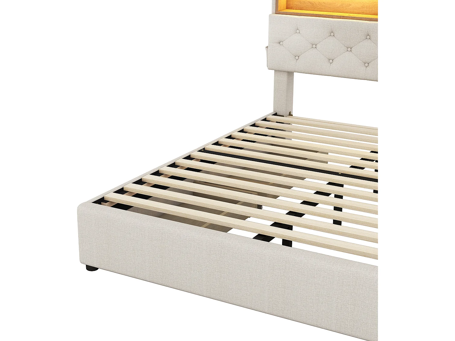 Lit avec rangement de tête de lit - 140 x 200 cm - 4 tiroirs - LEDs - beige