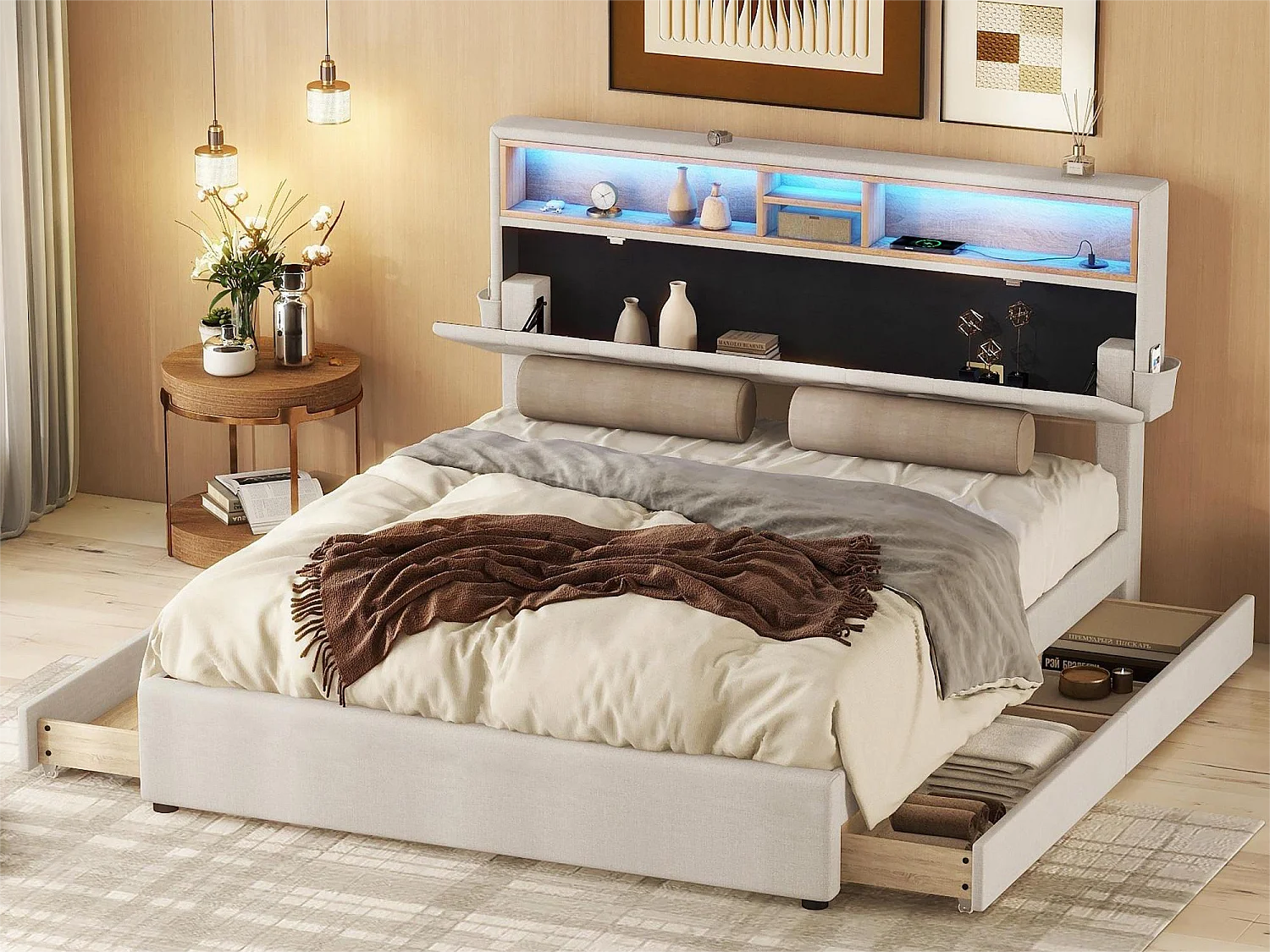 Bett mit Stauraum am Kopfteil – 140 x 200 cm – 4 Schubladen – LEDs – Beige