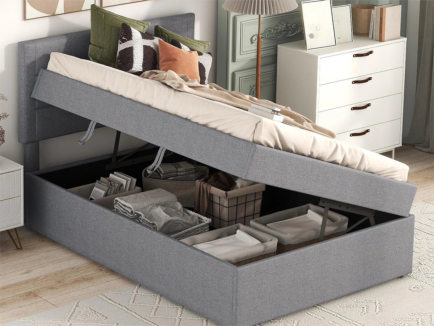 Lit boxspring 90 x 200 cm avec tête de lit et sommier - tissu lin - coloris gris